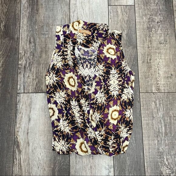 Ellen Tracy V-neck Sleeveless Printed Blouse Purple Gold Cream Size Small - Picture 13 of 16